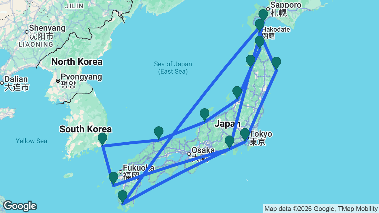 Route map: Tokyo -> Miyako -> Hakodate -> Aomori -> Akita -> Niigata -> Kanazawa -> Sakaiminato -> Busan -> Nagasaki -> Mount Fuji -> Muroran -> Kagoshima -> Tokyo