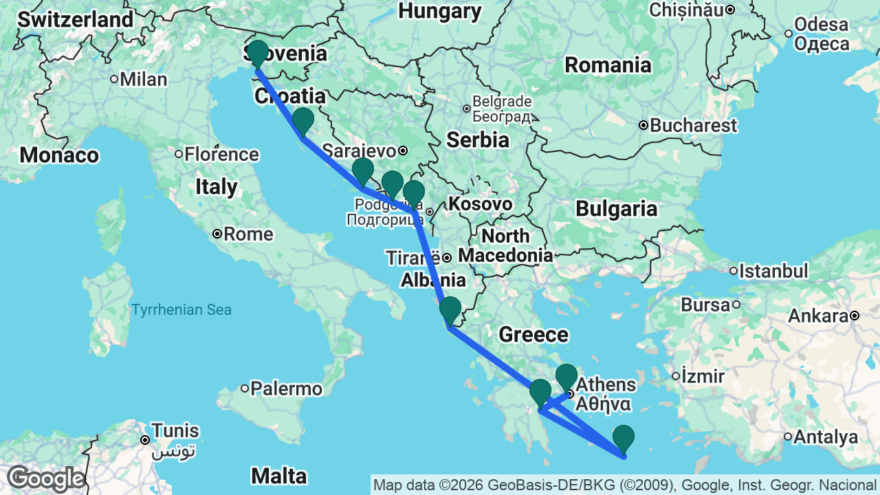 Route map: Trieste -> Zadar -> Korcula -> Dubrovnik -> Kotor -> Corfu -> Santorini -> Nafplio -> Athens