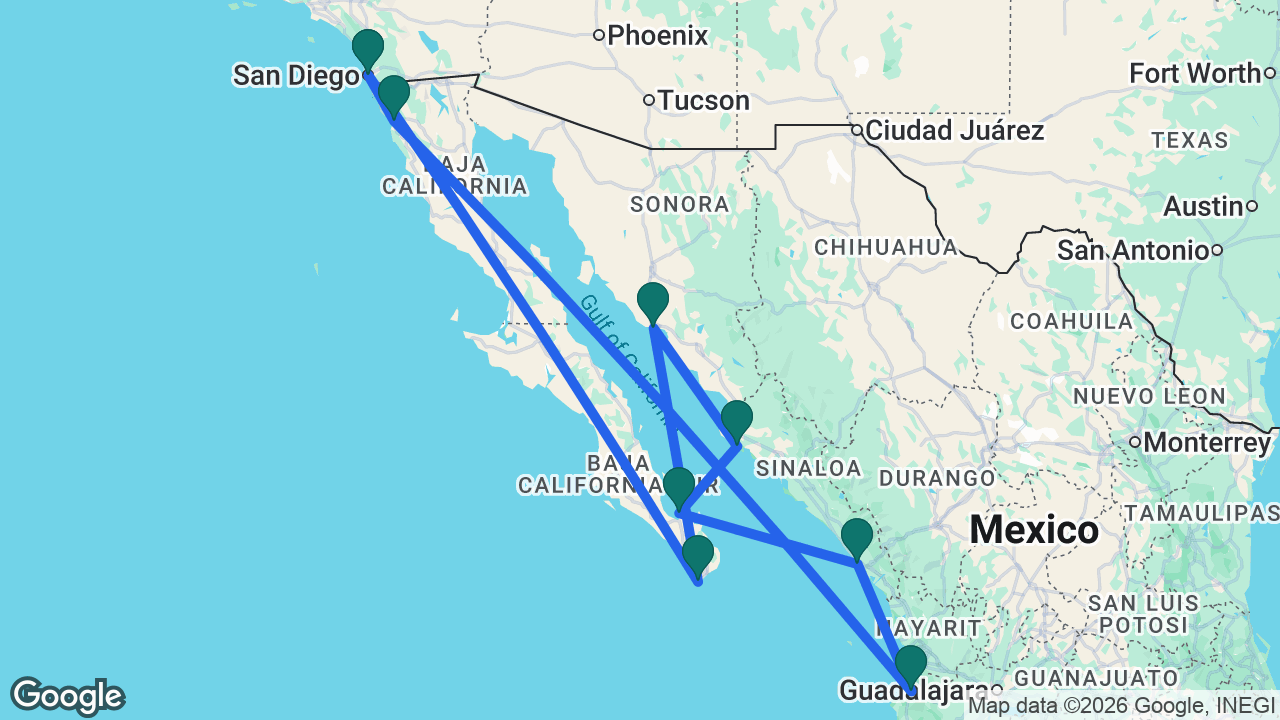 Route map: San Diego -> Cabo -> Guaymas -> Topolobampo -> La Paz -> Mazatlán -> Puerto Vallarta -> Ensenada -> San Diego