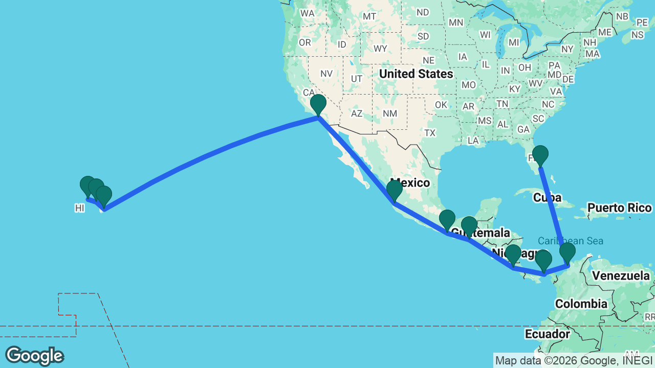 Route map: Fort Lauderdale -> Cartagena -> Panama Canal -> Panama City -> Puntarenas -> Puerto Chiapas -> Huatulco -> Puerto Vallarta -> Los Angeles -> Hilo -> Maui -> Honolulu