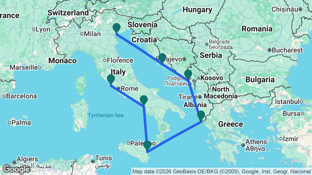 Route map: Rome -> Amalfi Coast -> Catania -> Corfu -> Kotor -> Split -> Venice