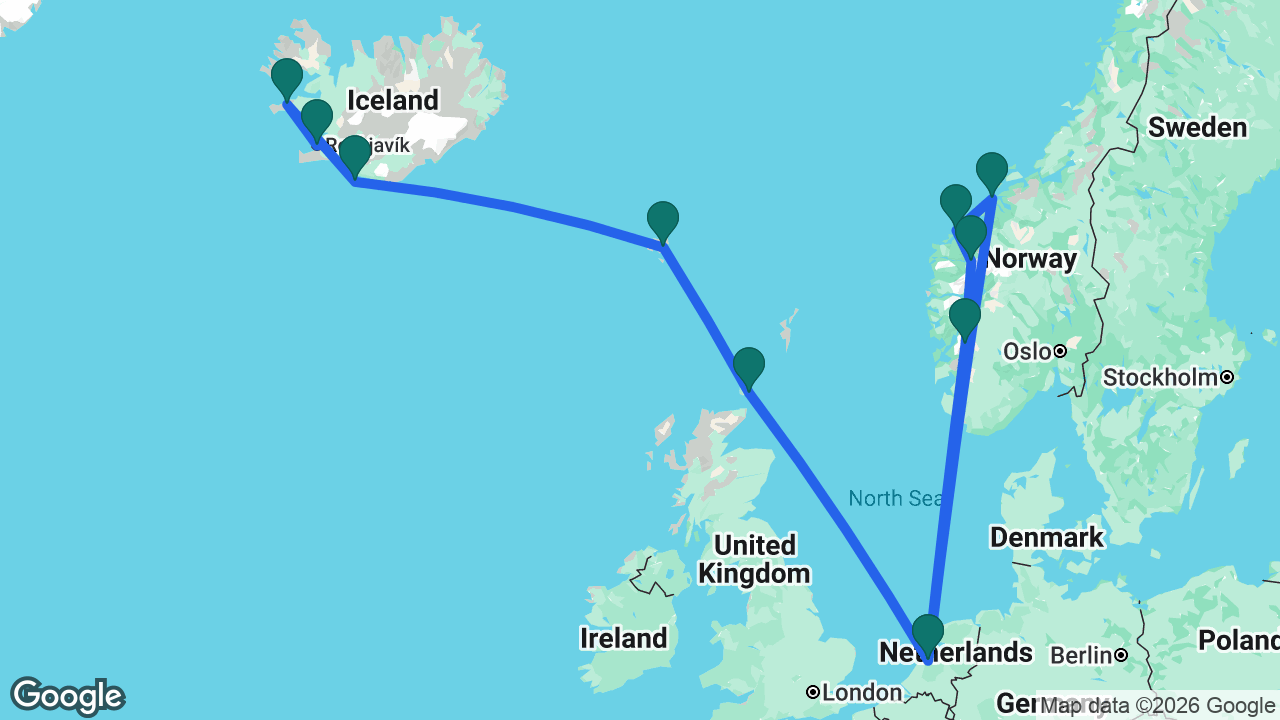 Route map: Reykjavik -> Grundarfjordur -> Heimaey -> Runavík -> Kirkwall -> Amsterdam -> Kristiansund -> Ålesund -> Olden -> Odda -> Amsterdam