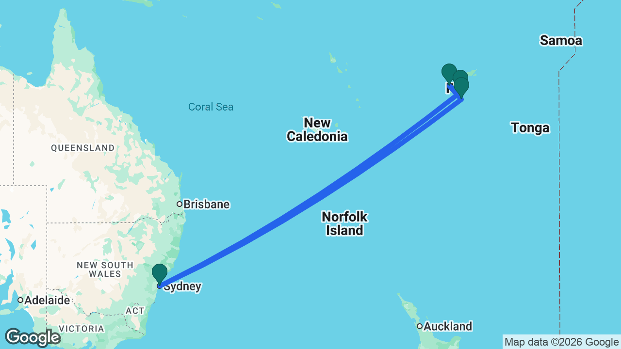 Route map: Sydney -> Fiji -> Lautoka -> Dravuni Island -> Sydney