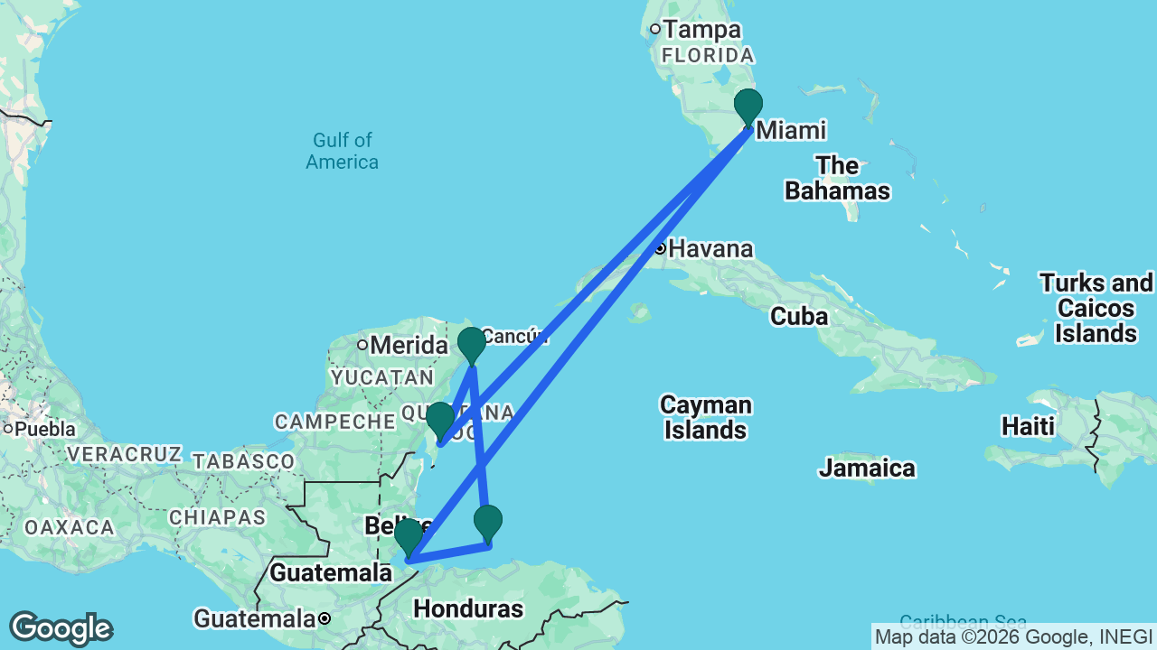 Route map: Miami -> Harvest Caye -> Roatán -> Cozumel -> Costa Maya -> Miami