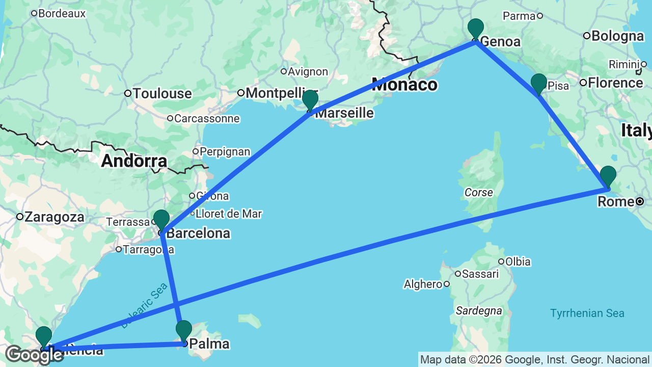 Route map: Valencia -> Mallorca -> Barcelona -> Marseille -> Genoa -> Florence -> Rome -> Valencia