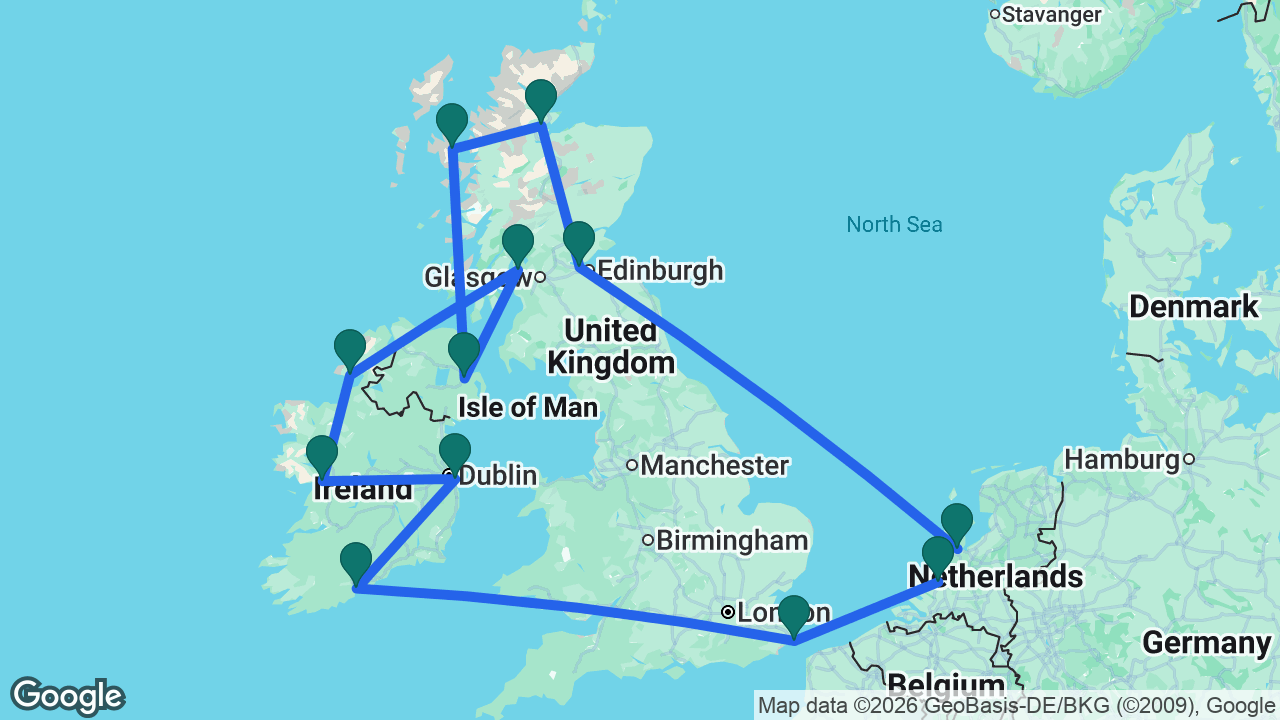 Route map: Amsterdam -> South Queensferry -> Invergordon -> Isle of Skye -> Belfast -> Glasgow -> Killybegs -> Galway -> Dún Laoghaire -> Ringaskiddy -> Dover -> Rotterdam