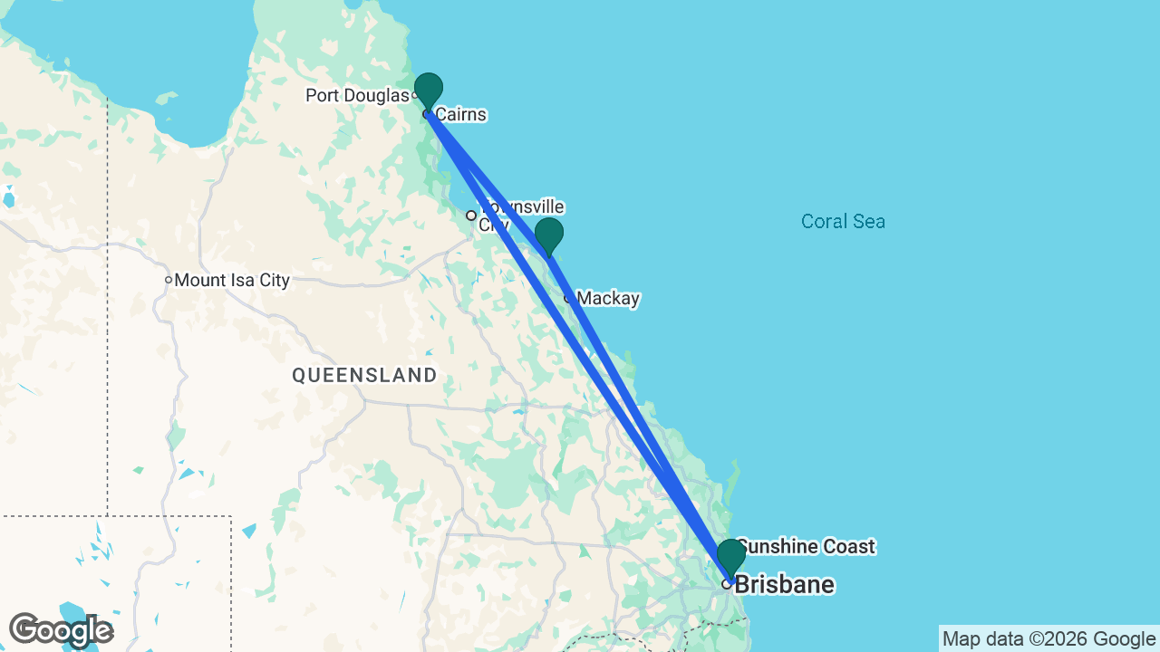 Route map: Brisbane -> Airlie Beach -> Cairns -> Brisbane
