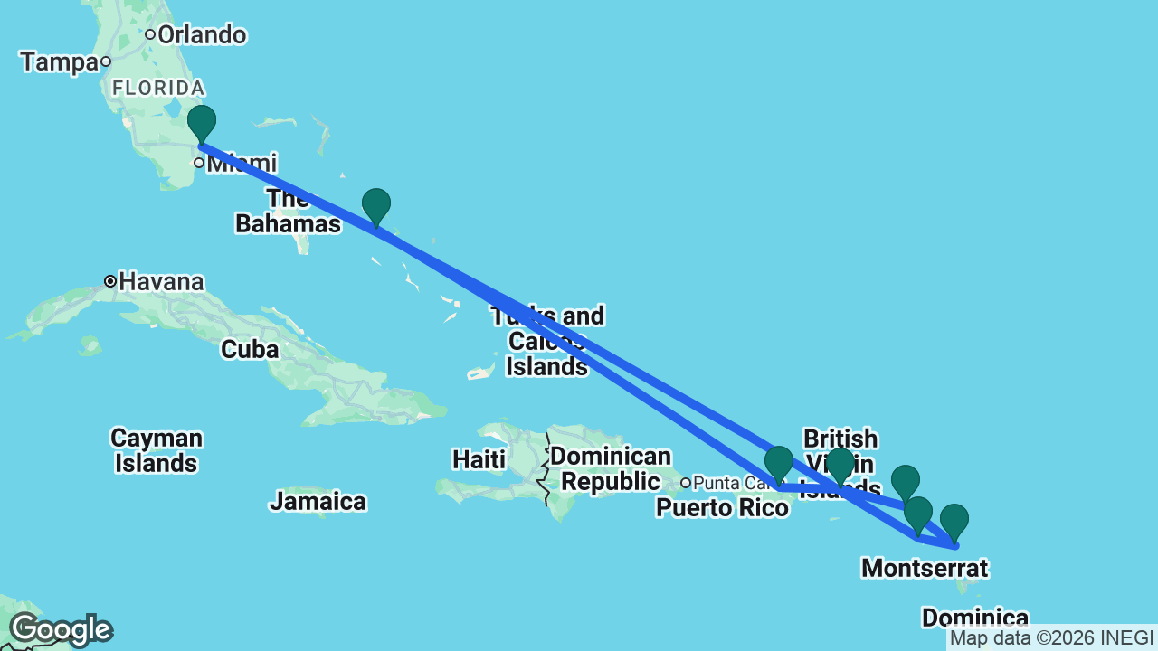 Route map: Fort Lauderdale -> Half Moon Cay -> San Juan -> Tortola -> St. Maarten -> Antigua -> St. Kitts -> Fort Lauderdale