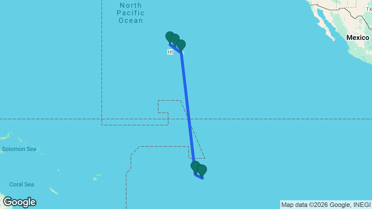 Route map: Honolulu -> Kauai -> Kona -> Bora Bora -> Raiatea -> Moorea -> Tahiti