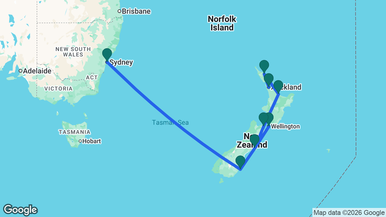 Route map: Auckland -> Bay of Islands -> Tauranga -> Picton -> Christchurch -> Wellington -> Dunedin -> Sydney