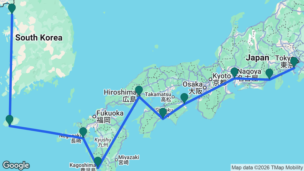 Route map: Tokyo -> Mount Fuji -> Nagoya -> Tokushima -> Kochi -> Hiroshima -> Kagoshima -> Nagasaki -> Jeju -> Seoul