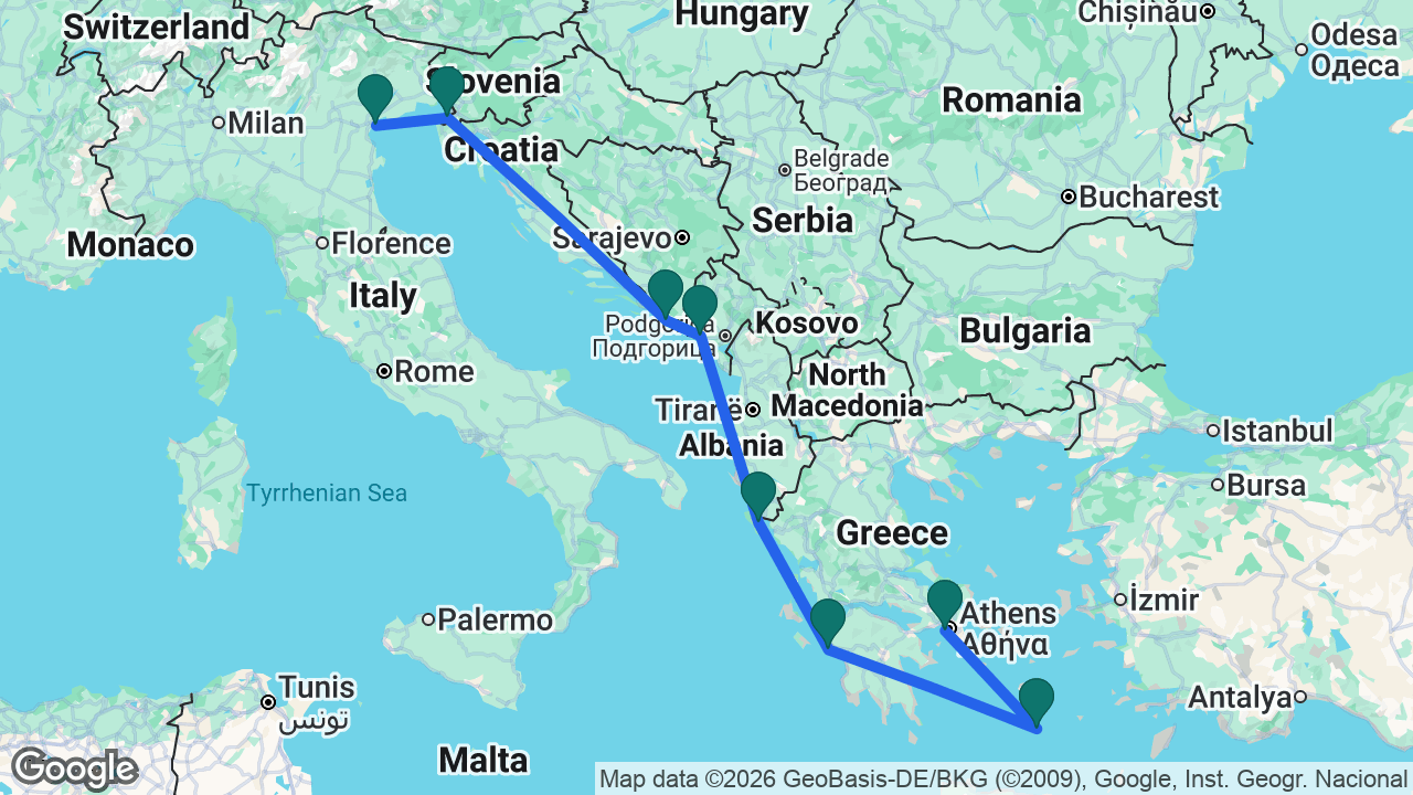 Route map: Athens -> Santorini -> Katakolon -> Corfu -> Kotor -> Dubrovnik -> Koper -> Venice