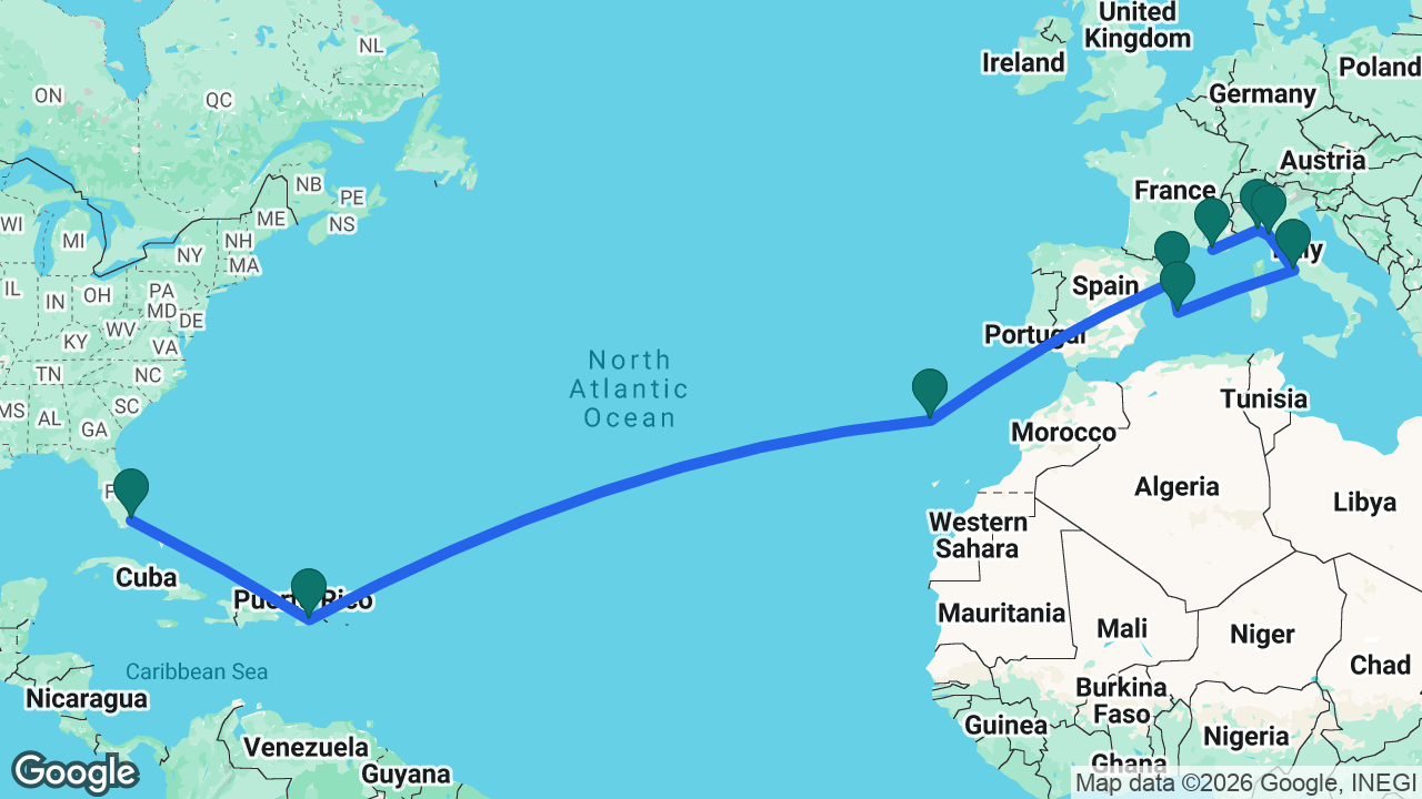 Route map: Marseille -> Genoa -> La Spezia -> Rome -> Mallorca -> Barcelona -> Madeira -> San Juan -> Miami