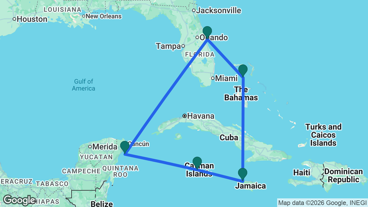 Route map: Port Canaveral -> Great Stirrup Cay -> Montego Bay -> Grand Cayman -> Cozumel -> Port Canaveral