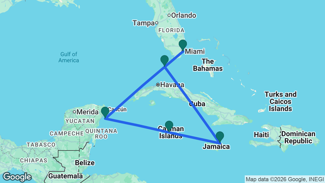 Route map: Miami -> Key West -> Ocho Rios -> Grand Cayman -> Cozumel -> Miami