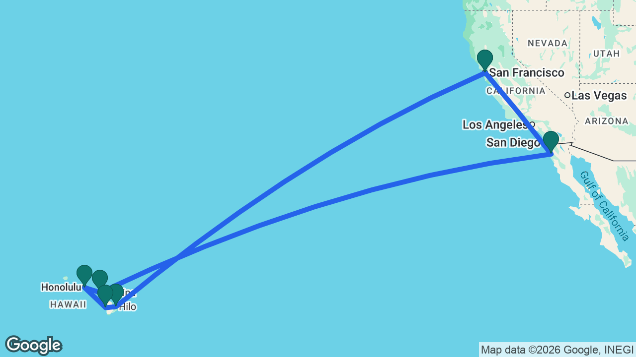 Route map: San Francisco -> Hilo -> Kona -> Honolulu -> Maui -> Ensenada -> San Francisco