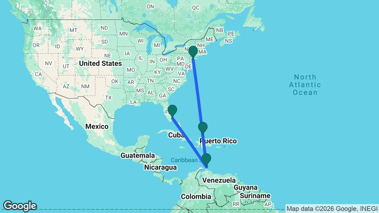Route map: Fort Lauderdale -> Aruba -> Grand Turk -> Cape Liberty