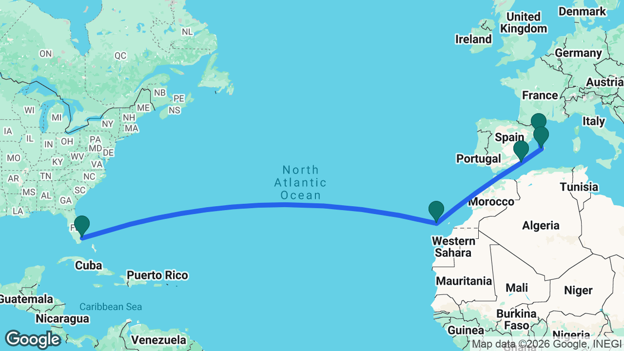Route map: Fort Lauderdale -> Tenerife -> Cartagena -> Mallorca -> Barcelona