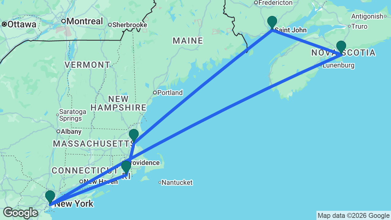 Route map: New York -> Newport -> Boston -> Saint John -> Halifax -> New York