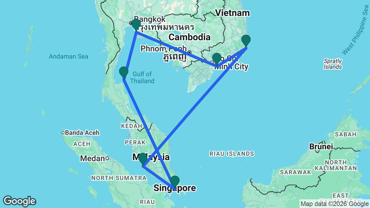 Route map: Singapore -> Kuala Lumpur -> Cam Ranh -> Ho Chi Minh City -> Bangkok -> Koh Samui -> Singapore