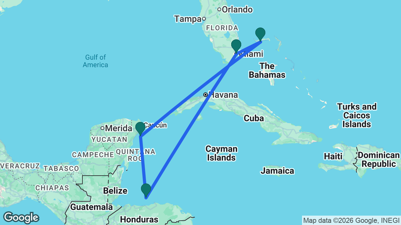 Route map: Miami -> Roatán -> Cozumel -> Celebration Key -> Miami