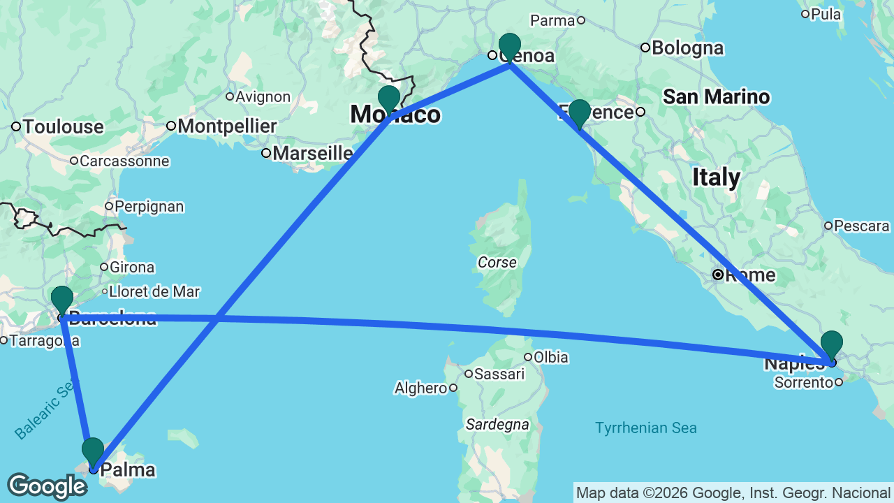 Route map: Barcelona -> Naples -> Florence -> Portofino -> Villefranche -> Mallorca -> Barcelona