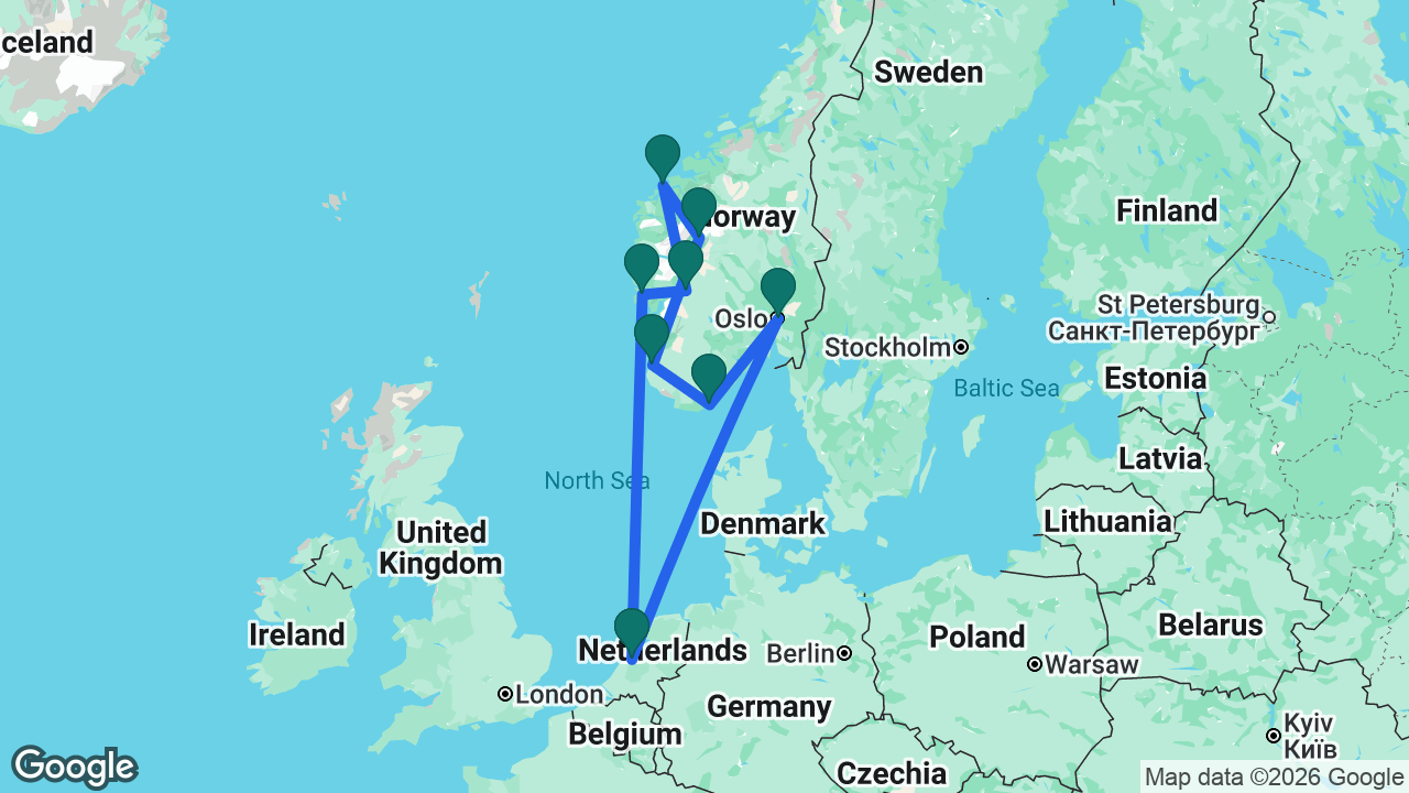 Route map: Amsterdam -> Oslo -> Kristiansand -> Stavanger -> Skjolden -> Ålesund -> Eidfjord -> Bergen -> Amsterdam