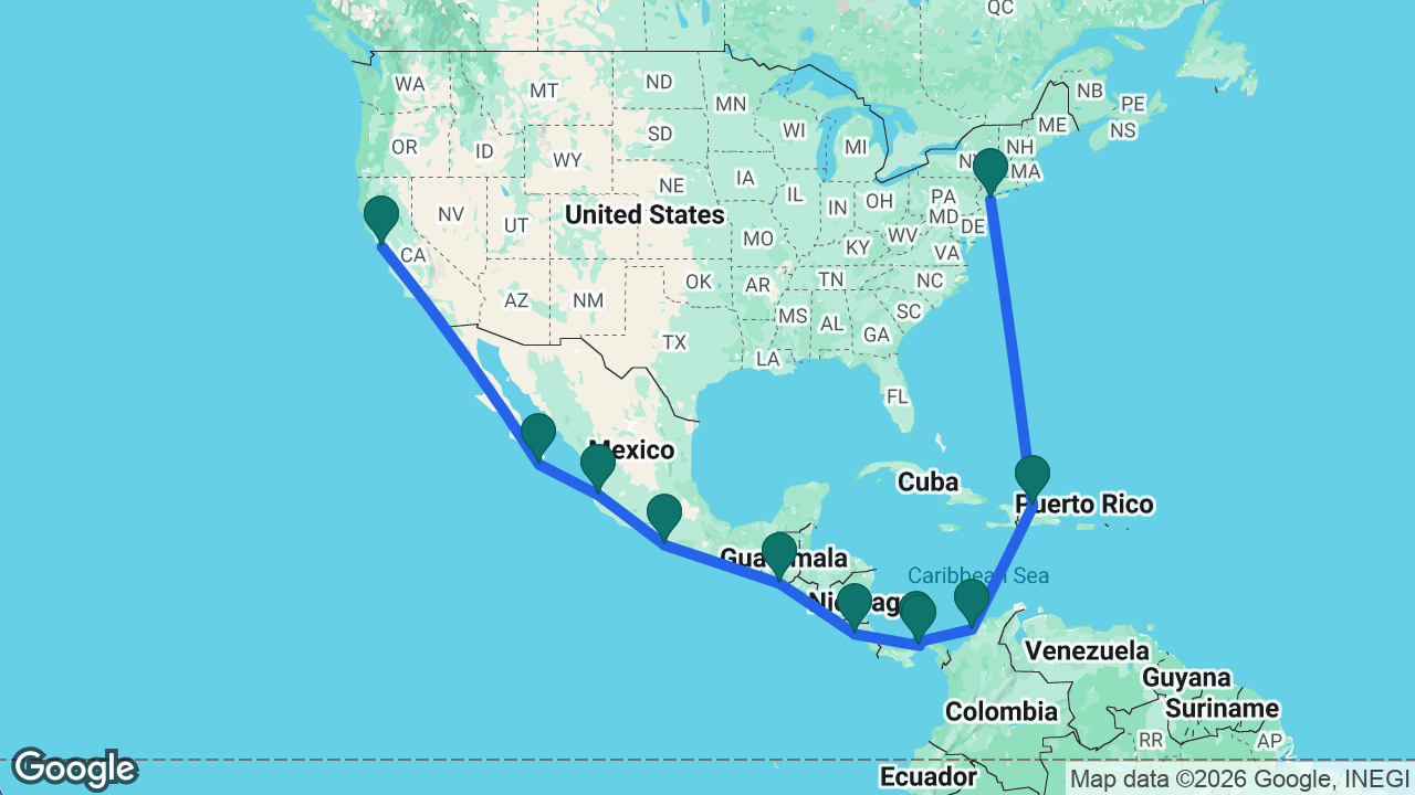 Route map: New York -> Puerto Plata -> Cartagena -> Colón -> Panama Canal -> Puntarenas -> Puerto Quetzal -> Acapulco -> Puerto Vallarta -> Cabo -> San Francisco