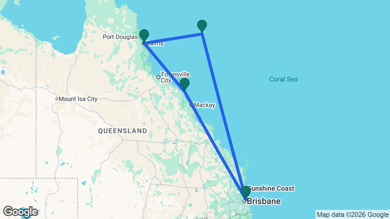Route map: Brisbane -> Airlie Beach -> Cairns -> Willis Island -> Brisbane