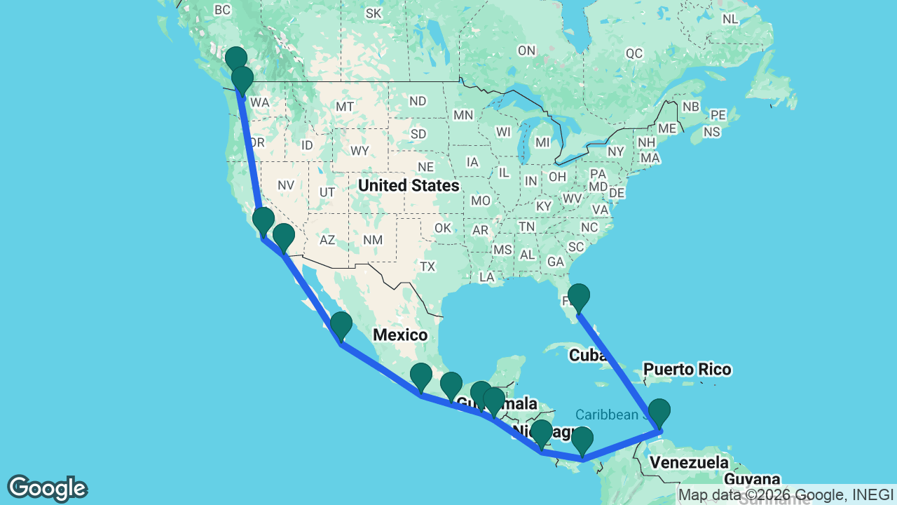 Route map: Seattle -> Vancouver -> Santa Barbara -> San Diego -> Cabo -> Acapulco -> Huatulco -> Puerto Chiapas -> Puerto Quetzal -> Puntarenas -> Panama Canal -> Aruba -> Fort Lauderdale