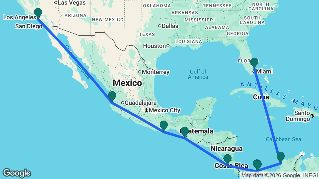 Route map: Fort Lauderdale -> Cartagena -> Panama Canal -> Panama City -> Puntarenas -> Puerto Chiapas -> Huatulco -> Puerto Vallarta -> Los Angeles