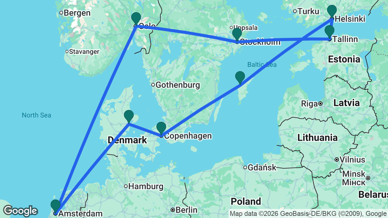 Route map: Amsterdam -> Oslo -> Stockholm -> Tallinn -> Helsinki -> Visby -> Copenhagen -> Aarhus -> Amsterdam