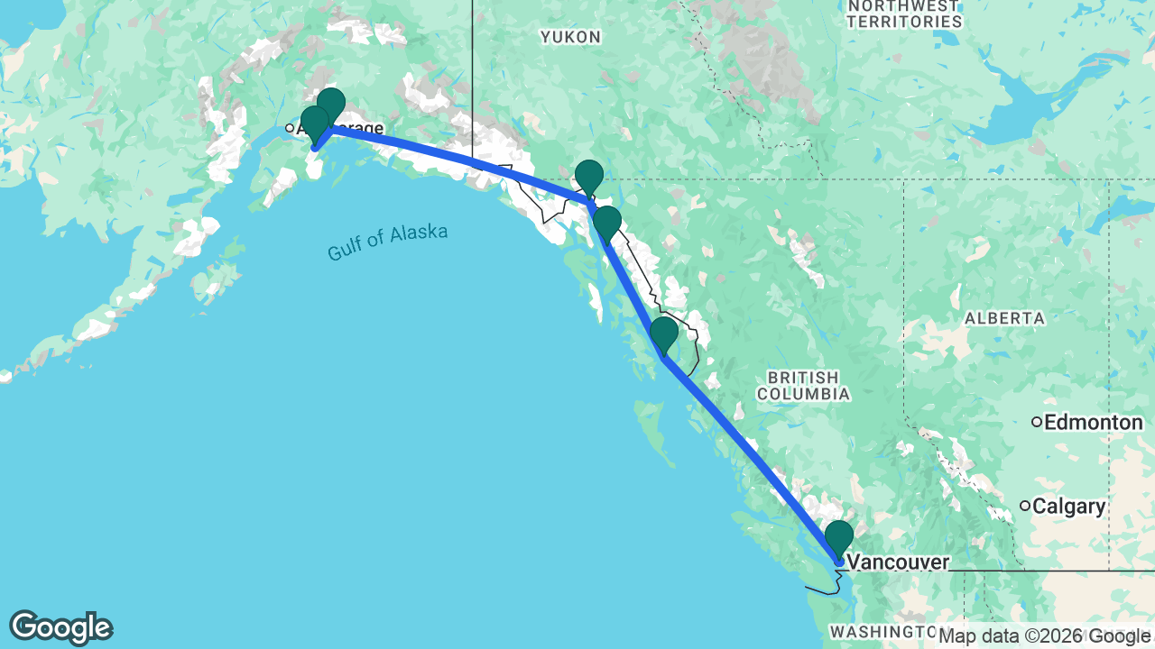 Route map: Vancouver -> Ketchikan -> Juneau -> Skagway -> College Fjord -> Whittier