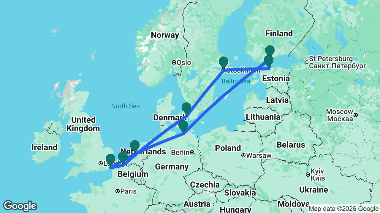 Route map: Dover -> Amsterdam -> Berlin -> Helsinki -> Tallinn -> Stockholm -> Copenhagen -> Bruges -> Dover