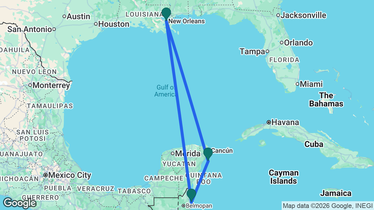 Route map: New Orleans -> Belize City -> Cozumel -> New Orleans