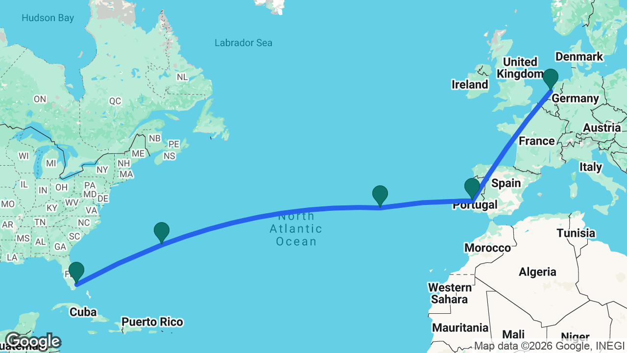 Route map: Fort Lauderdale -> Bermuda -> Azores -> Lisbon -> Amsterdam