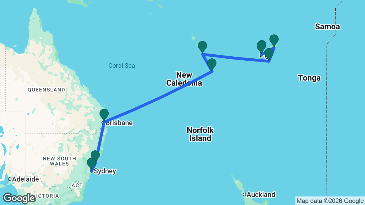 Route map: Lautoka -> Denarau -> Savusavu -> Dravuni Island -> Port Vila -> Mystery Island -> Brisbane -> Newcastle AU -> Sydney
