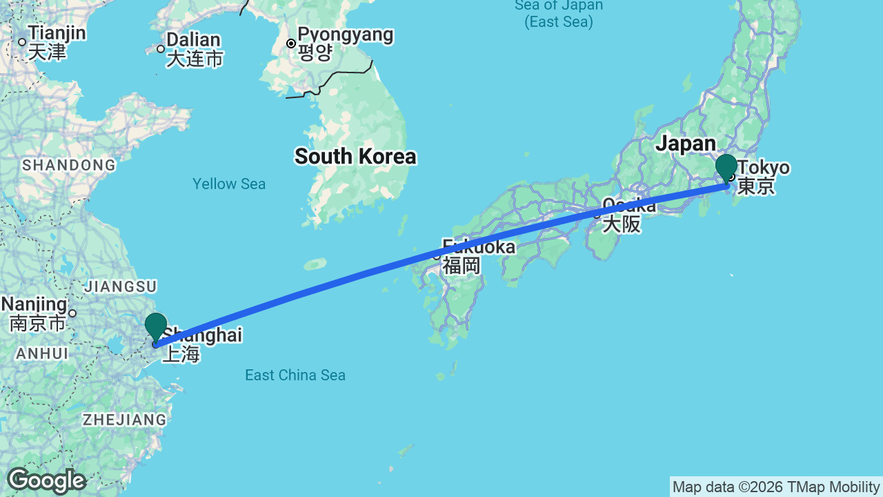 Route map: Shanghai -> Tokyo