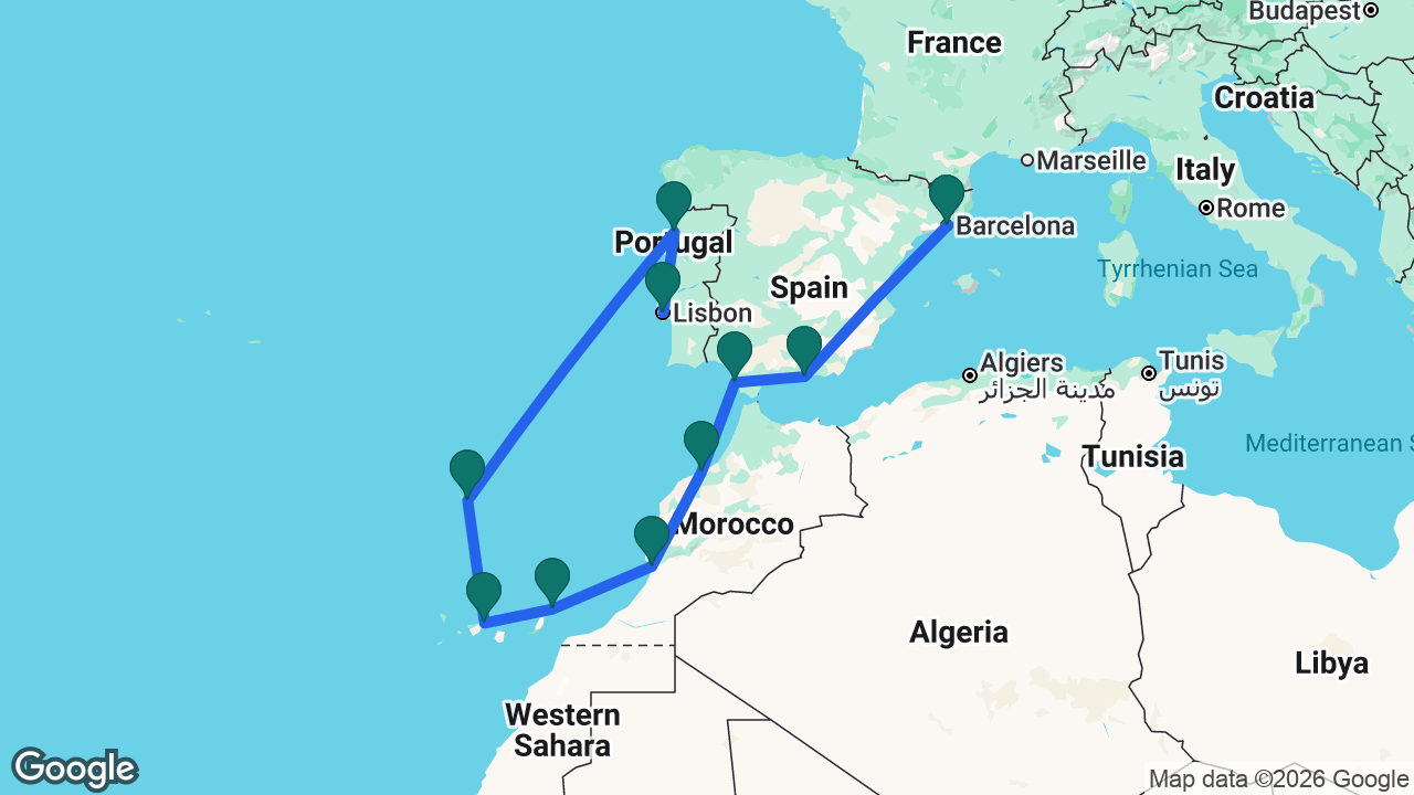 Route map: Barcelona -> Motril -> Cádiz -> Casablanca -> Agadir -> Lanzarote -> Tenerife -> Madeira -> Porto -> Lisbon