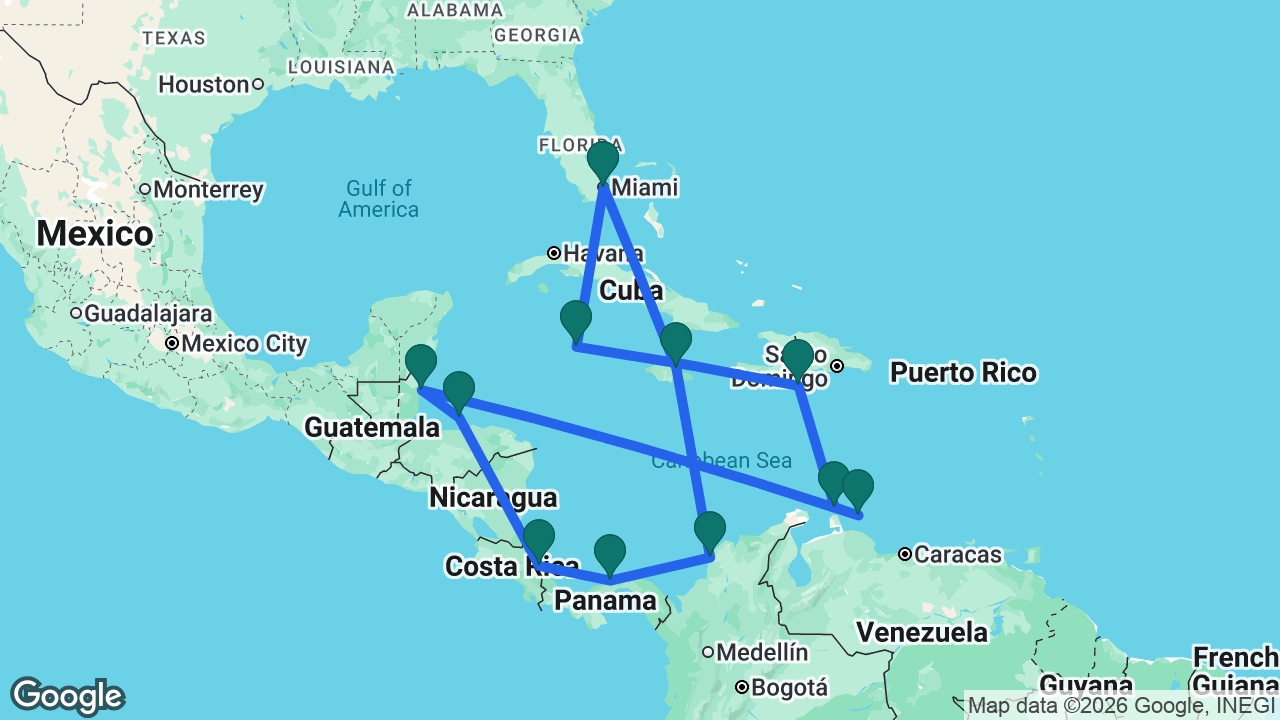 Route map: Miami -> Ocho Rios -> Cartagena -> Colón -> Limón -> Roatán -> Belize City -> Curaçao -> Aruba -> Cabo Rojo -> Grand Cayman -> Miami