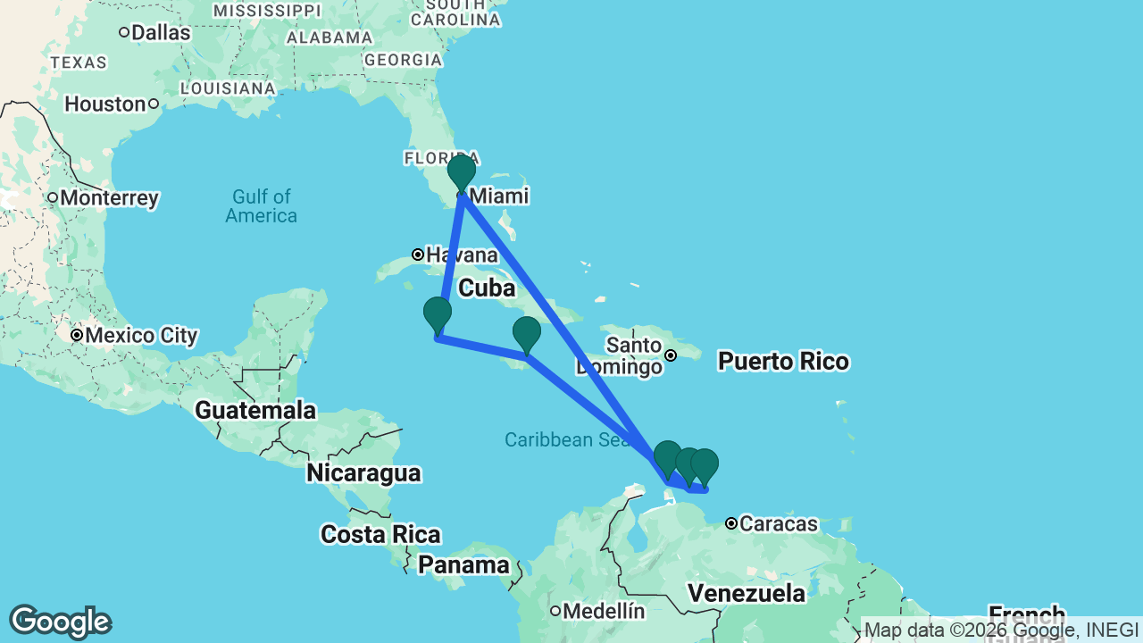 Route map: Miami -> Grand Cayman -> Ocho Rios -> Curaçao -> Bonaire -> Aruba -> Miami