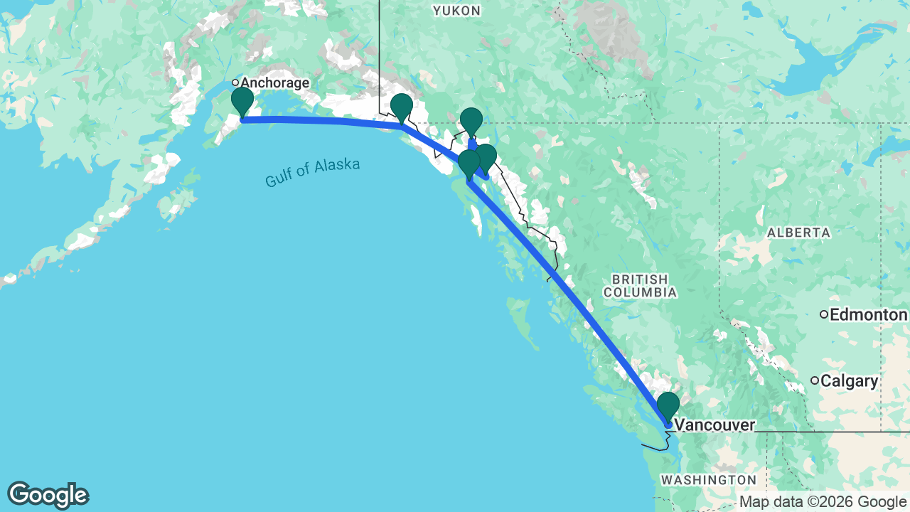 Route map: Seward -> Hubbard Glacier -> Juneau -> Skagway -> Icy Strait Point -> Vancouver