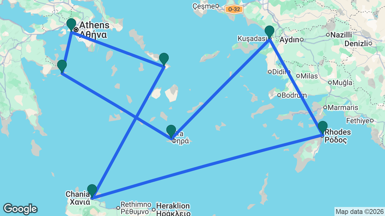 Route map: Athens -> Mykonos -> Chania -> Rhodes -> Ephesus -> Santorini -> Hydra -> Athens