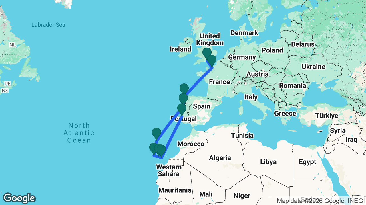 Route map: Lisbon -> Gran Canaria -> Tenerife -> La Palma -> Madeira -> Porto -> La Coruña -> Paris -> Southampton