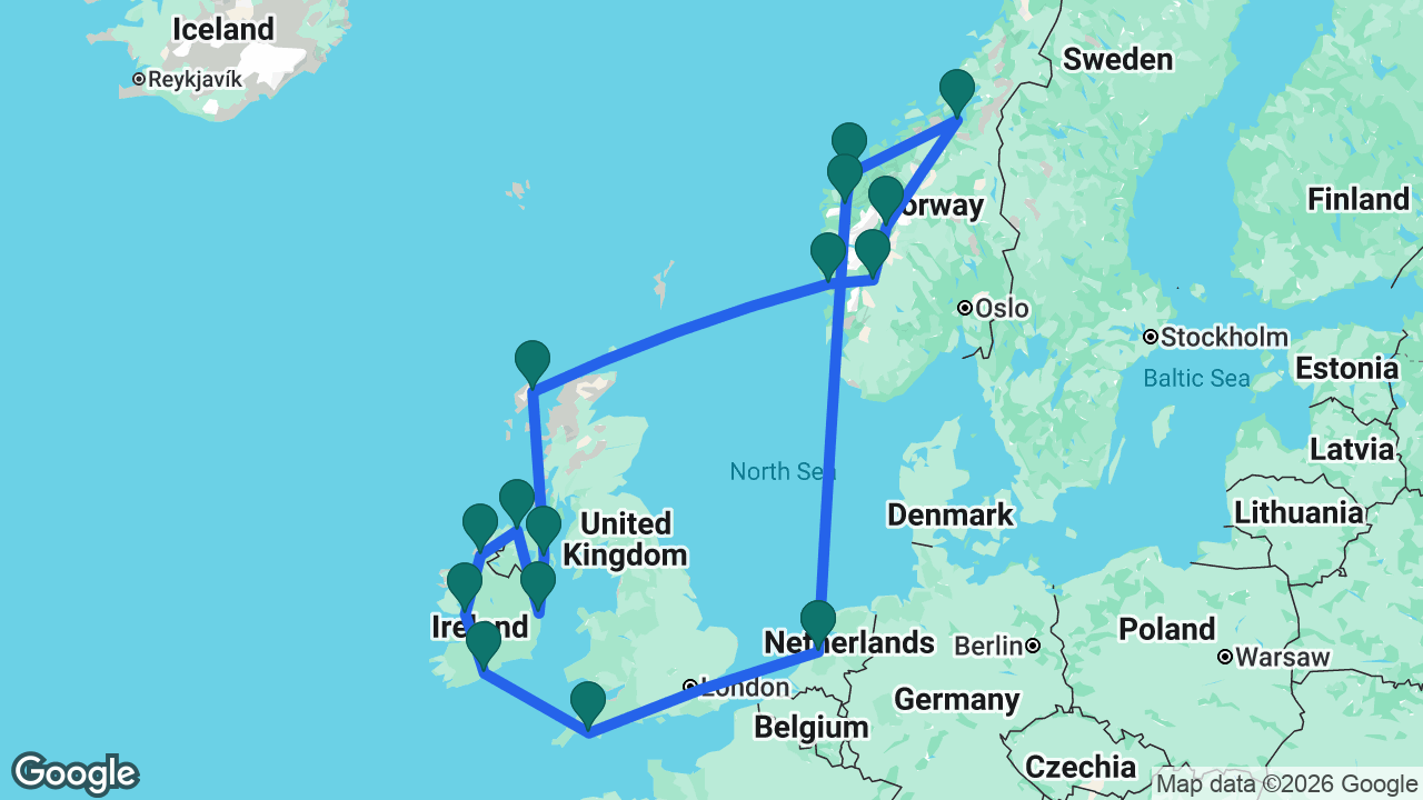 Route map: Amsterdam -> Nordfjordeid -> Ålesund -> Trondheim -> Skjolden -> Eidfjord -> Bergen -> Stornoway -> Belfast -> Dún Laoghaire -> Greencastle -> Killybegs -> Galway -> Cobh -> Plymouth -> Amsterdam