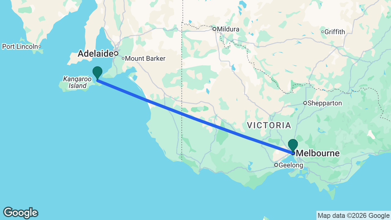 Route map: Melbourne -> Kangaroo Island -> Melbourne