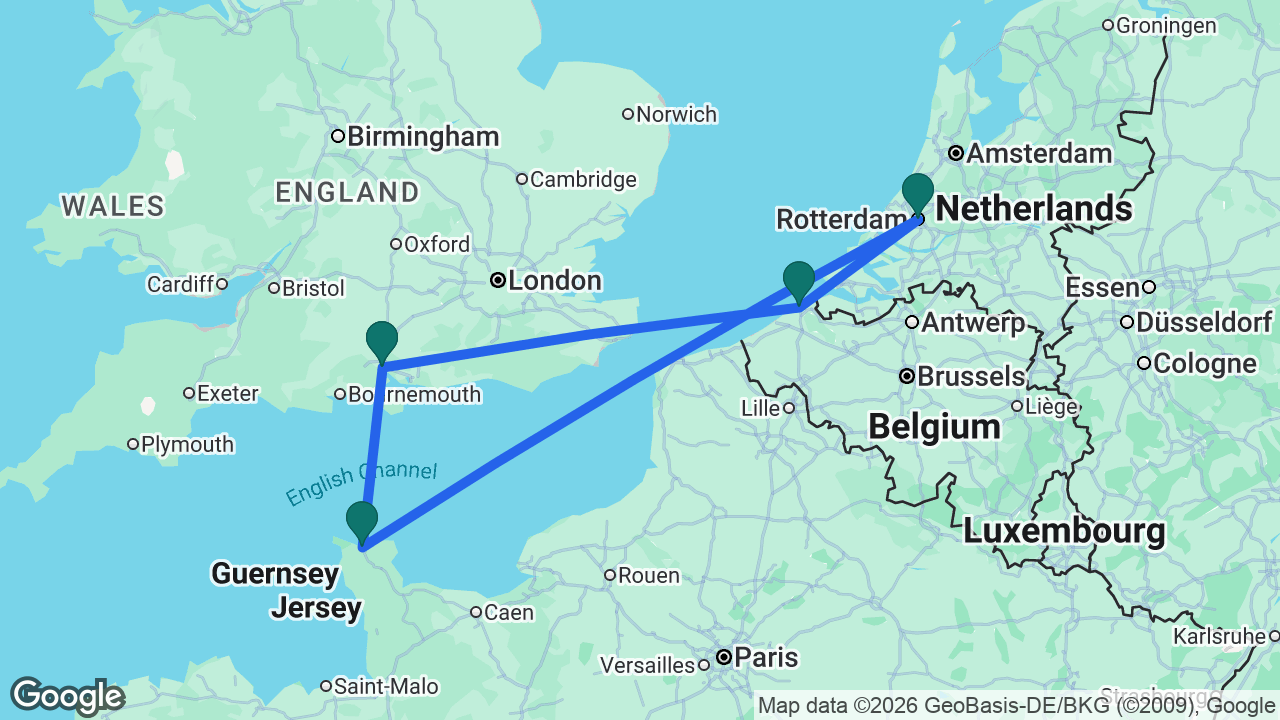 Route map: Southampton -> Bruges -> Rotterdam -> Cherbourg -> Southampton