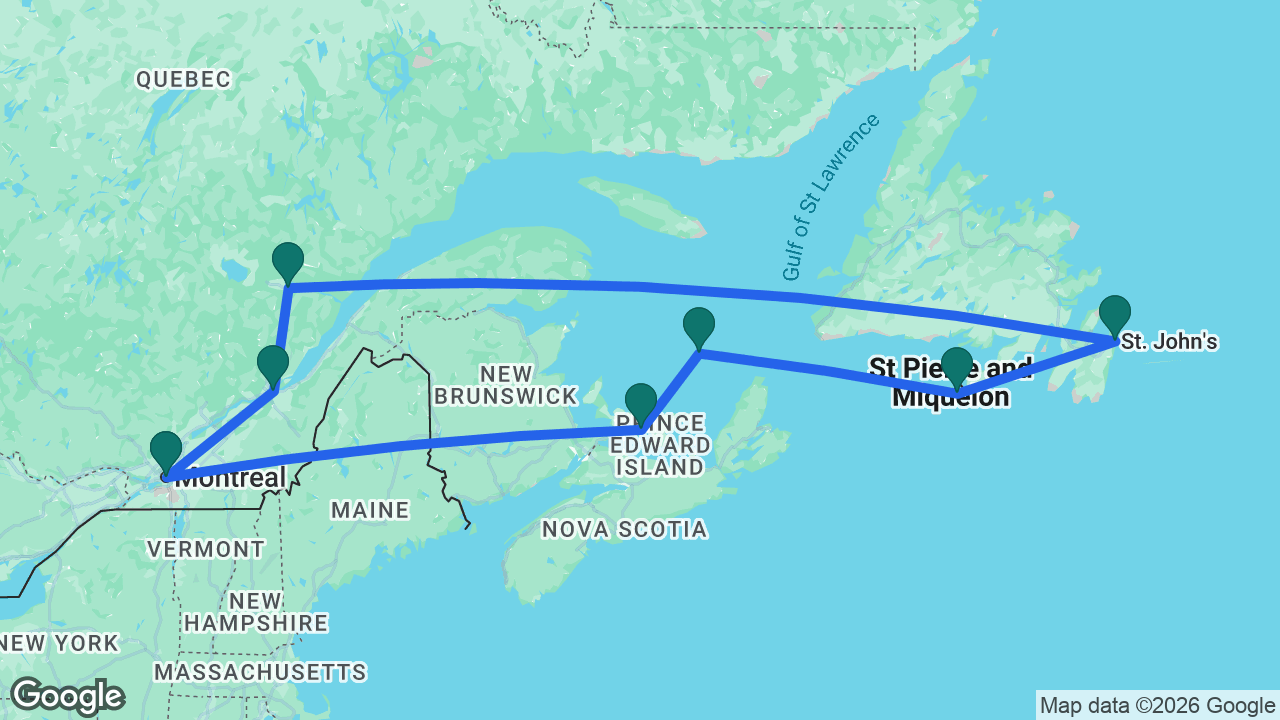 Route map: Montreal -> Québec City -> Saguenay -> St. John's -> Saint-Pierre -> Cap-aux-Meules -> Charlottetown -> Montreal