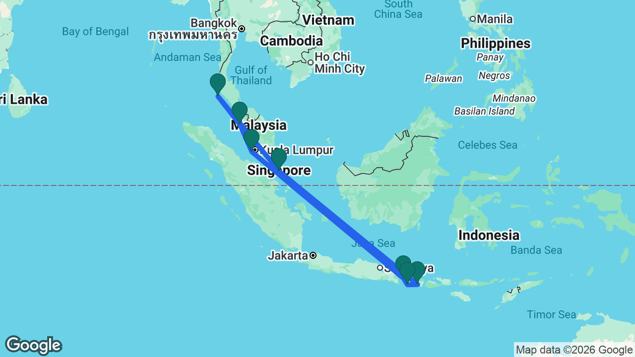 Route map: Singapore -> Phuket -> Penang -> Kuala Lumpur -> Celukan Bawang -> Bali -> Lembar -> Singapore