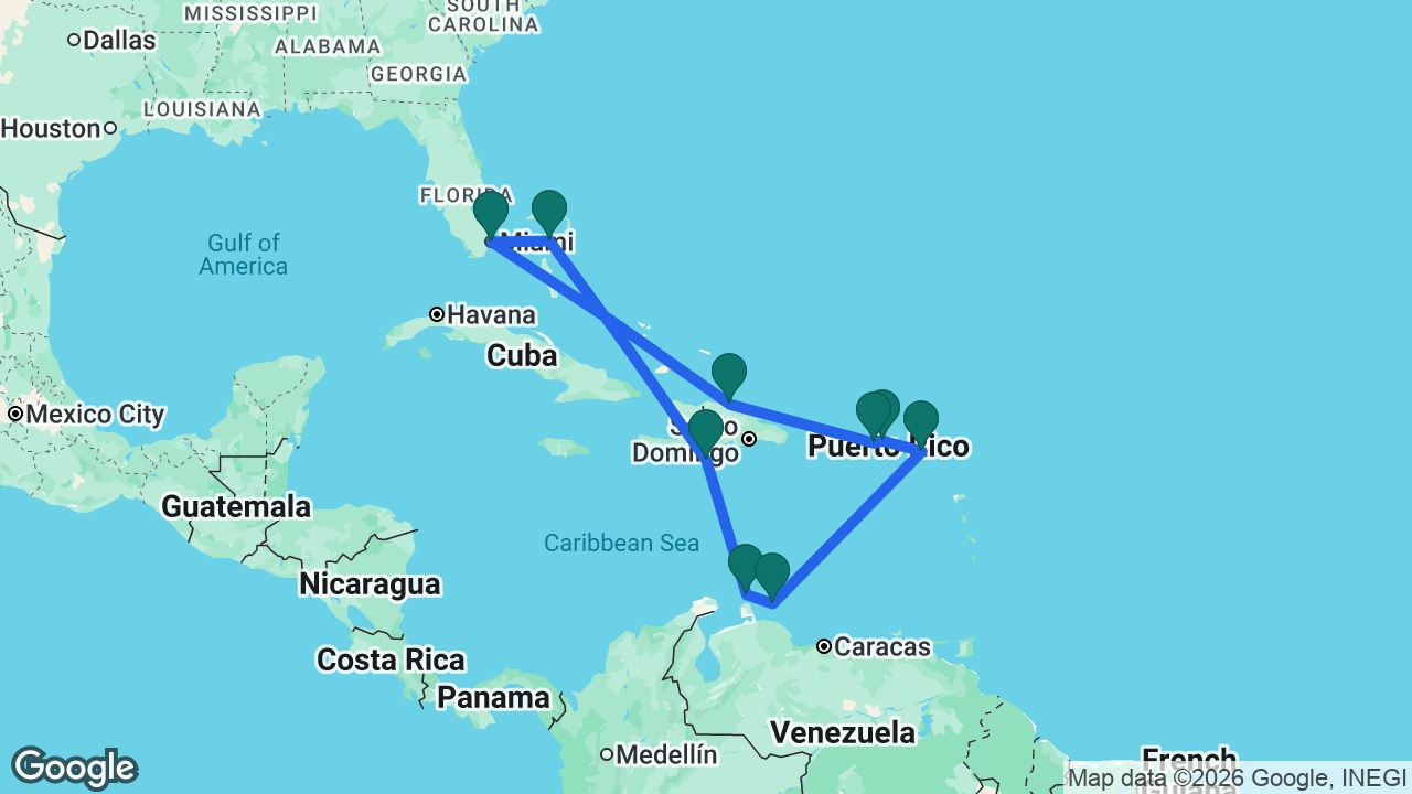 Route map: Miami -> Great Stirrup Cay -> Cabo Rojo -> Aruba -> Curaçao -> St. Maarten -> Tortola -> St. Thomas -> Puerto Plata -> Miami